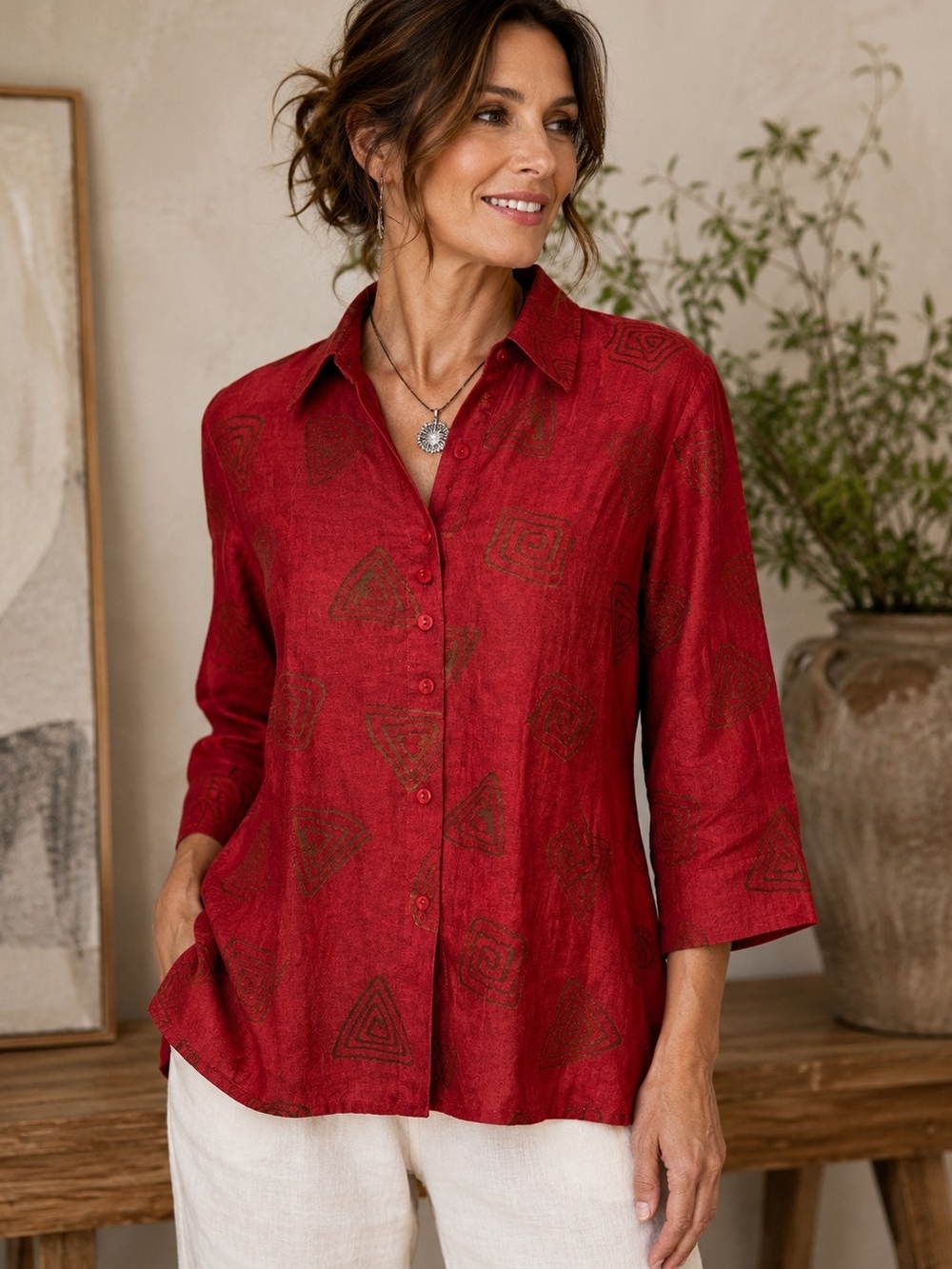 Mirasol Red Linen Blend Geometric Boho Button Shirt Large